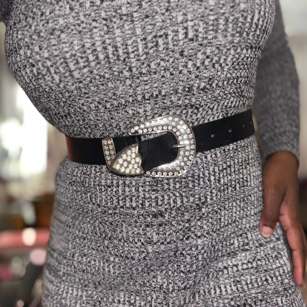 Crystal Rhinestone Statement Buckle Belt Black XS Glam Western Disco Party